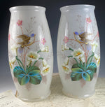 Huge 11" Tall PAIR (2) Antique French Opaline Alter Vases, LeGras, Thick Enamel Florals and Birds, Lily