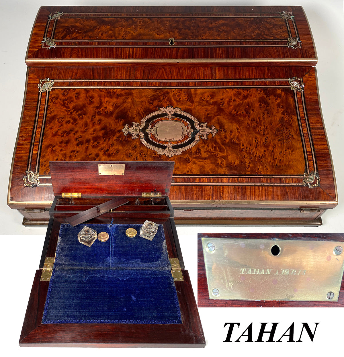 Rare Antique French 13.5" Cabinet Writer's Slope, Chest, Inkwell TAHAN Signature Plate