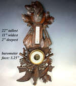Superb Antique Swiss Black Forest Carved Barometer Plaque, Fruits of the Hunt, Dog and Rifles