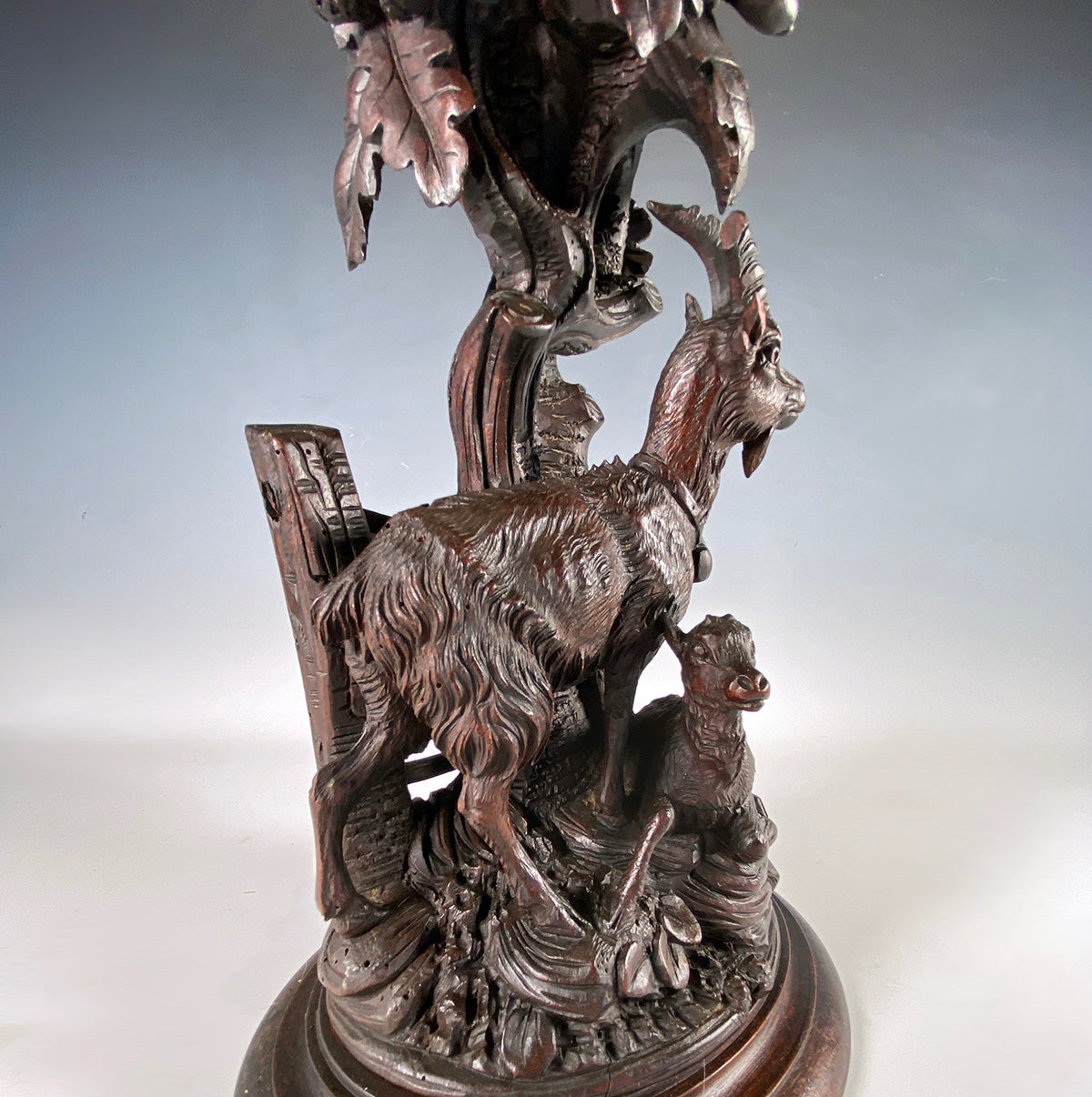 Large Antique Swiss Black Forest Game Carving 14.5" Tall, Candle or Lamp Stand, Epergne Stand