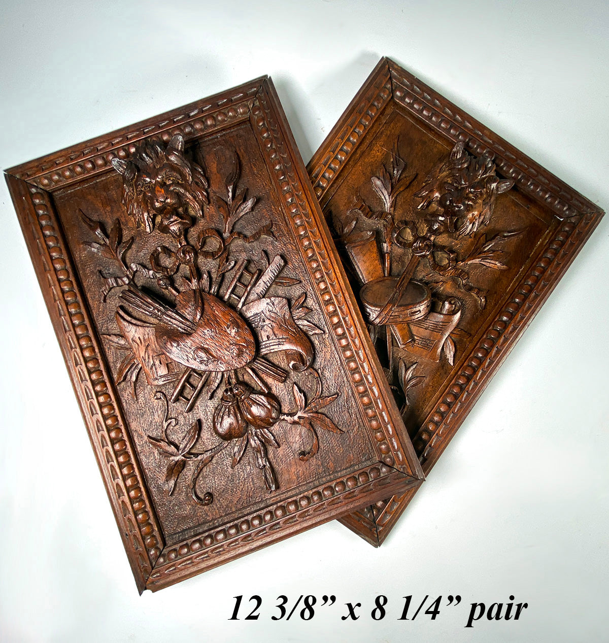 Antique French Hand Carved Wood Plaques, Signed by Artist "DAUDE", Art & Music Themes