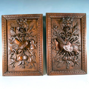 Antique French Hand Carved Wood Plaques, Signed by Artist "DAUDE", Art & Music Themes