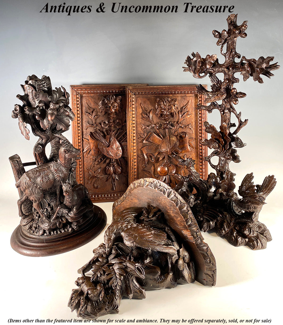 Antique Hand Carved Swiss Black Forest Bracket or Clock Shelf, Eagle and Hare, Rabbit