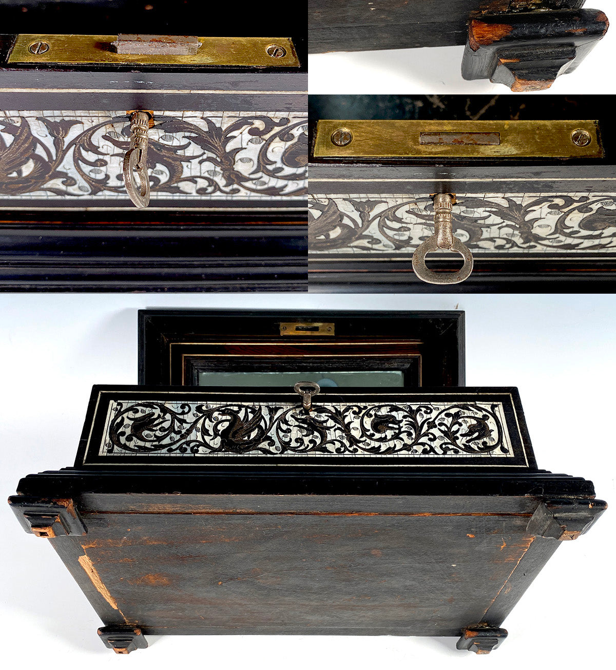 Antique 13.5" Italian Ebony and Ivory Marquetry Neo-Renaissance Chest, Necessaire Casket, Vanity Box