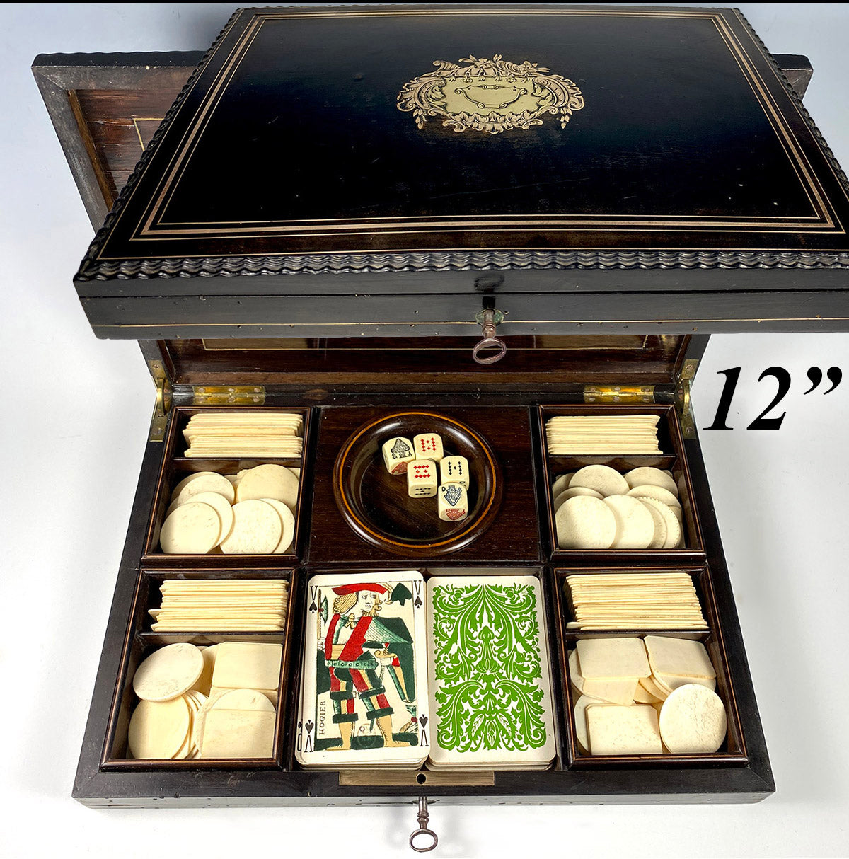 Fine Antique French Napoleon III (1840-70) Gaming or Game Box with Cards and Gambling Chips