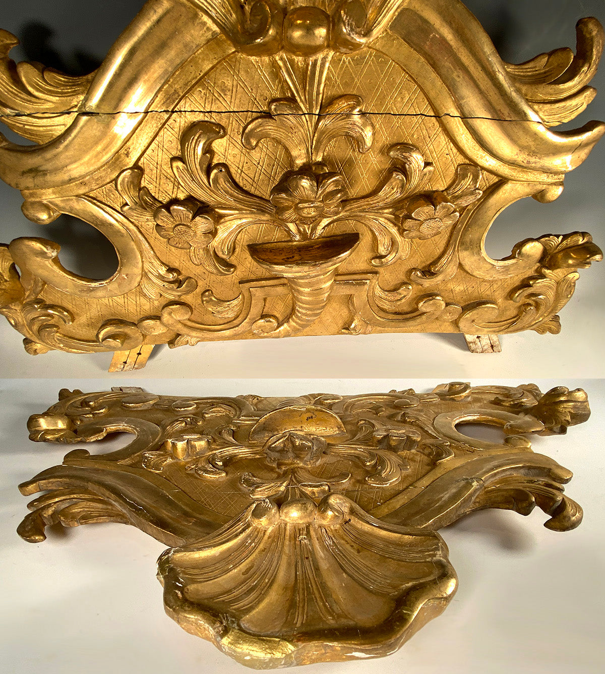 Antique French Hand Carved Gilded 24.5" Wood Pediment, Top for a Mirror or Frame or Doorway