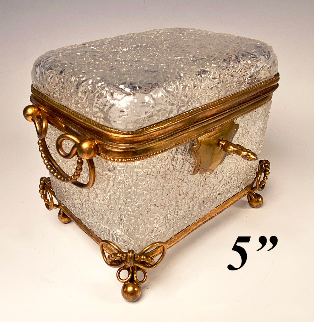 Antique French Crackle Glass & Bronze Mount Sugar Caddy, Casket or Jewelry Box, Lock, Key