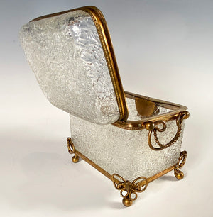 Antique French Crackle Glass & Bronze Mount Sugar Caddy, Casket or Jewelry Box, Lock, Key