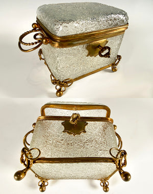 Antique French Crackle Glass & Bronze Mount Sugar Caddy, Casket or Jewelry Box, Lock, Key