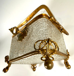 Antique French Crackle Glass & Bronze Mount Sugar Caddy, Casket or Jewelry Box, Lock, Key