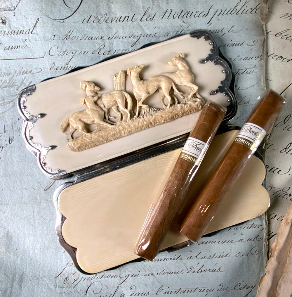 Spectacular Antique French Hand Carved Ivory Cigar Case, Spectacles Etui, 4 Dogs, Whippets