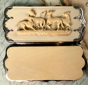 Spectacular Antique French Hand Carved Ivory Cigar Case, Spectacles Etui, 4 Dogs, Whippets