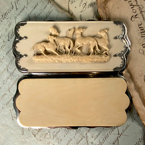 Spectacular Antique French Hand Carved Ivory Cigar Case, Spectacles Etui, 4 Dogs, Whippets