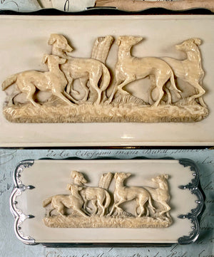 Spectacular Antique French Hand Carved Ivory Cigar Case, Spectacles Etui, 4 Dogs, Whippets