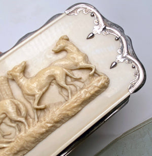 Spectacular Antique French Hand Carved Ivory Cigar Case, Spectacles Etui, 4 Dogs, Whippets