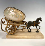 Antique French Palais Royal Mother of Pearl Shell Egg Carriage with Horse on Alabaster