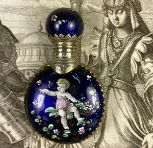 Antique French Kiln-fired Enamel Perfume or Scent Bottle, Flask, Flacon, Figural & Floral