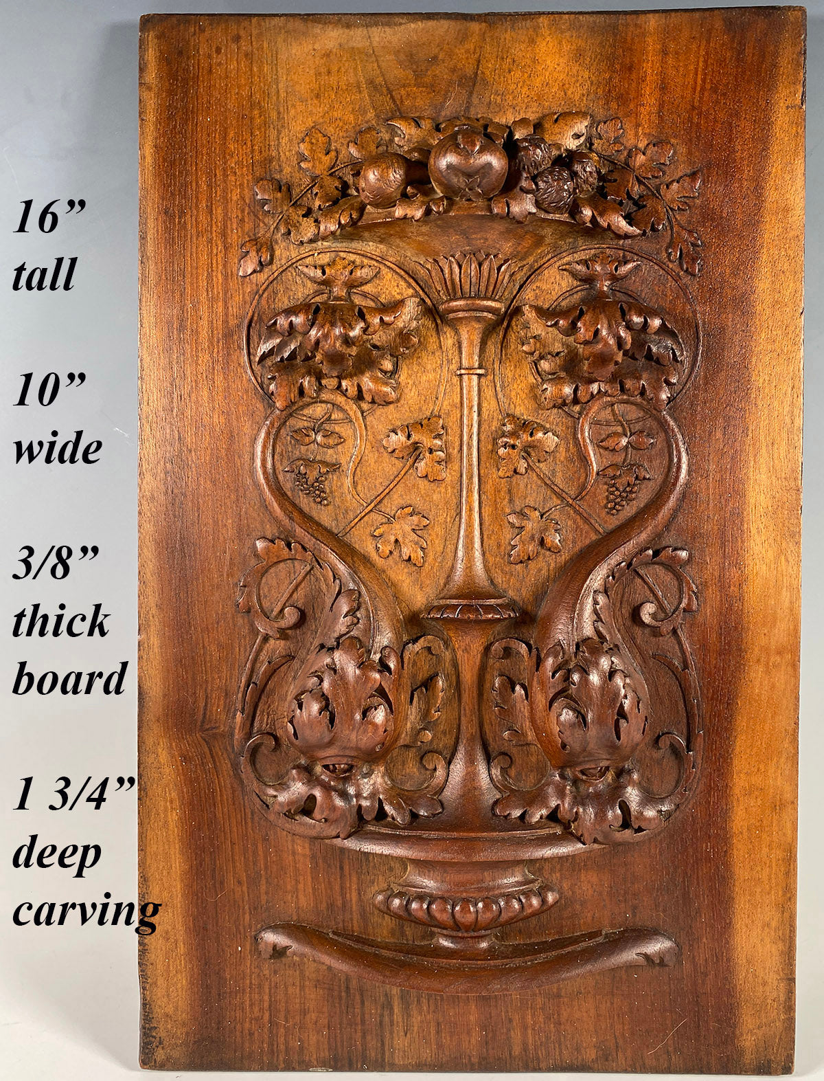 Elegant Hand Carved Wood Neo-Renaissance French Cabinet Door Panel, Urns & Fruit