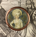 Charming Antique French Portrait Miniature Jewelry, Grand Tour Souvenir Louis XVI Girl
