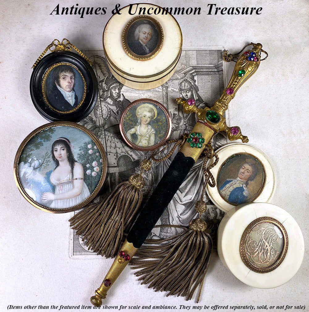 Charming Antique French Portrait Miniature Jewelry, Grand Tour Souvenir Louis XVI Girl