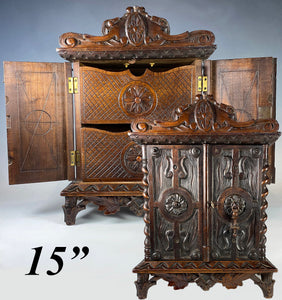 15" Tall Antique Carved Wood Cabinet, Salt Box or Smoker's Chest w 2 Drawers, Lock, Key