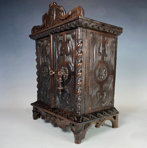15" Tall Antique Carved Wood Cabinet, Salt Box or Smoker's Chest w 2 Drawers, Lock, Key