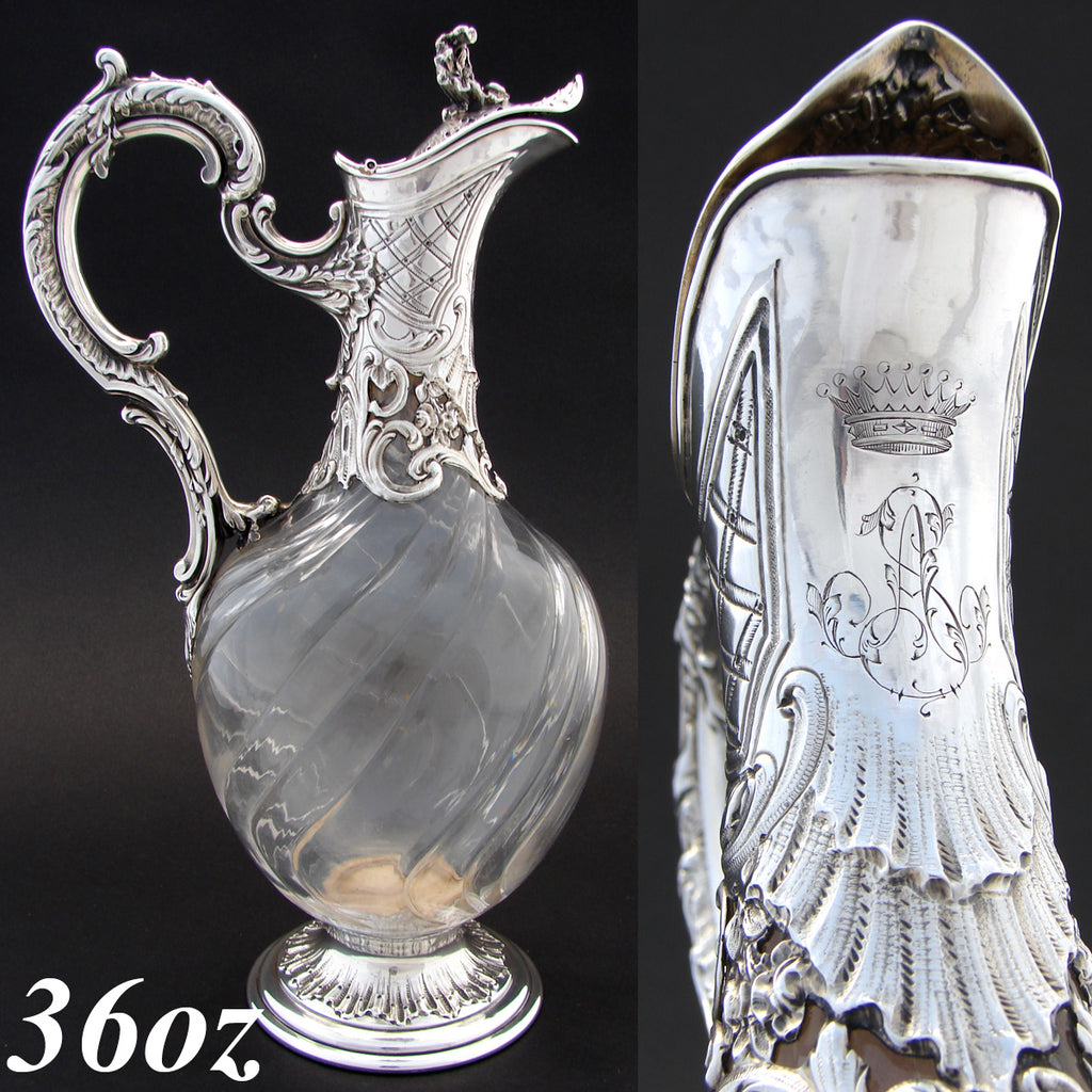 Superb Antique French Sterling Silver & Spiraled Glass Claret Jug, Carafe, Wine Decanter, Crown Topped Monogram