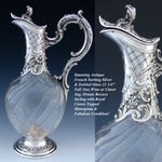 Superb Antique French Sterling Silver & Spiraled Glass Claret Jug, Carafe, Wine Decanter, Crown Topped Monogram