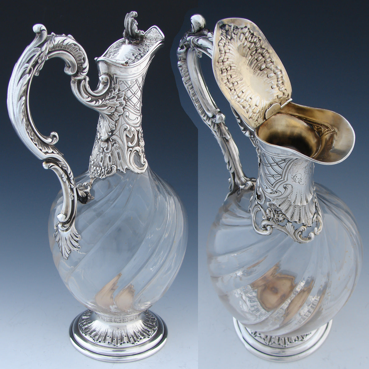 Antique Art Nouveau Topazio Silver Plate and Etched Glass Carafe/Pitcher/Claret  For Sale at 1stDibs