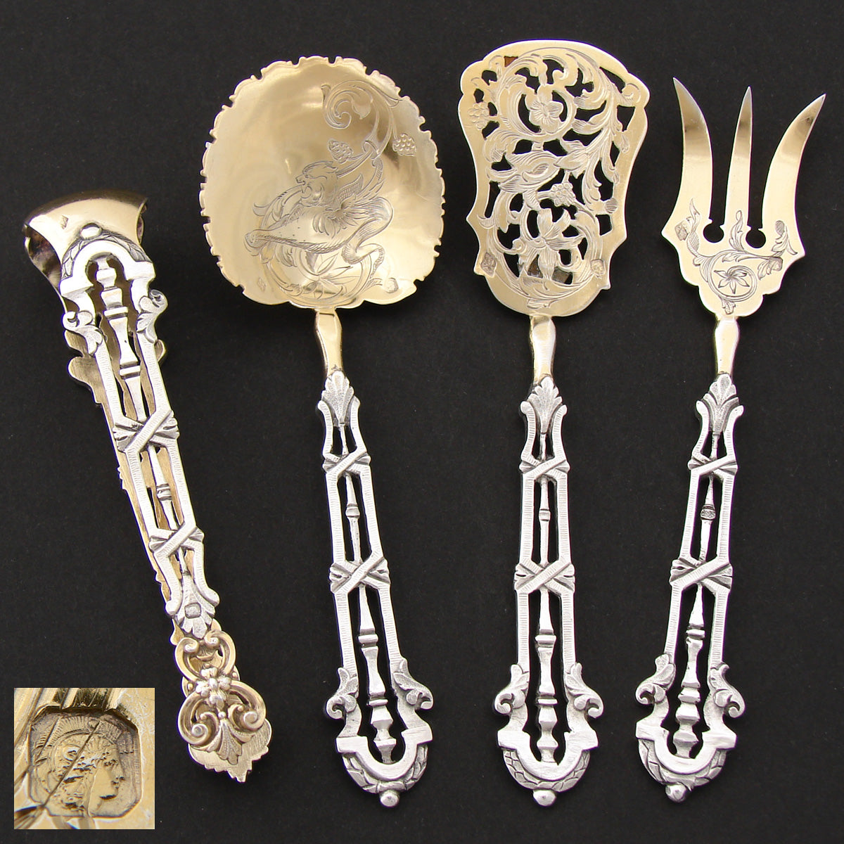 Antique French Sterling Silver & 18k Gold "Vermeil" 4pc Hors d'Oeuvre Serving Set, Reticulated