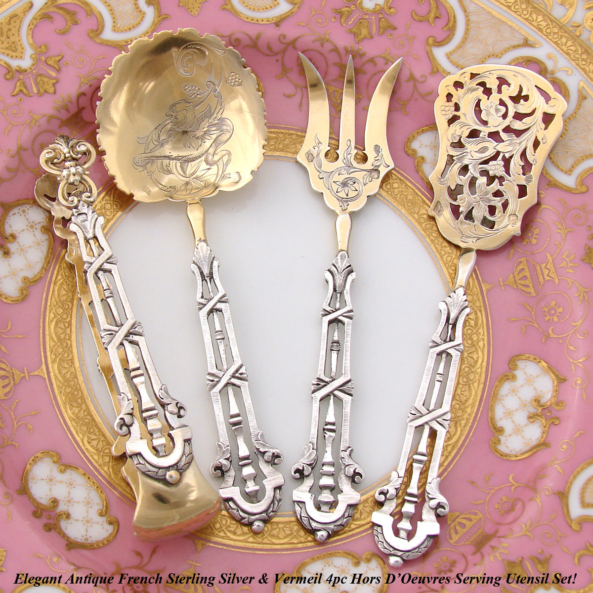 Antique French Sterling Silver & 18k Gold "Vermeil" 4pc Hors d'Oeuvre Serving Set, Reticulated