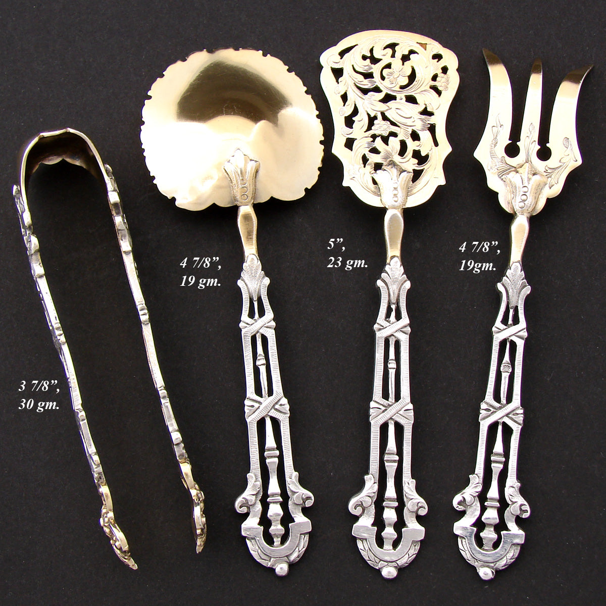 Antique French Sterling Silver & 18k Gold "Vermeil" 4pc Hors d'Oeuvre Serving Set, Reticulated