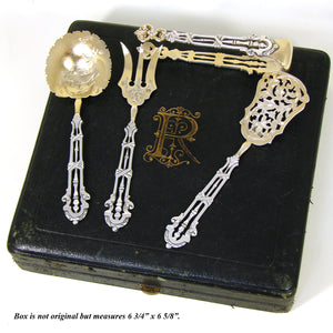 Antique French Sterling Silver & 18k Gold "Vermeil" 4pc Hors d'Oeuvre Serving Set, Reticulated