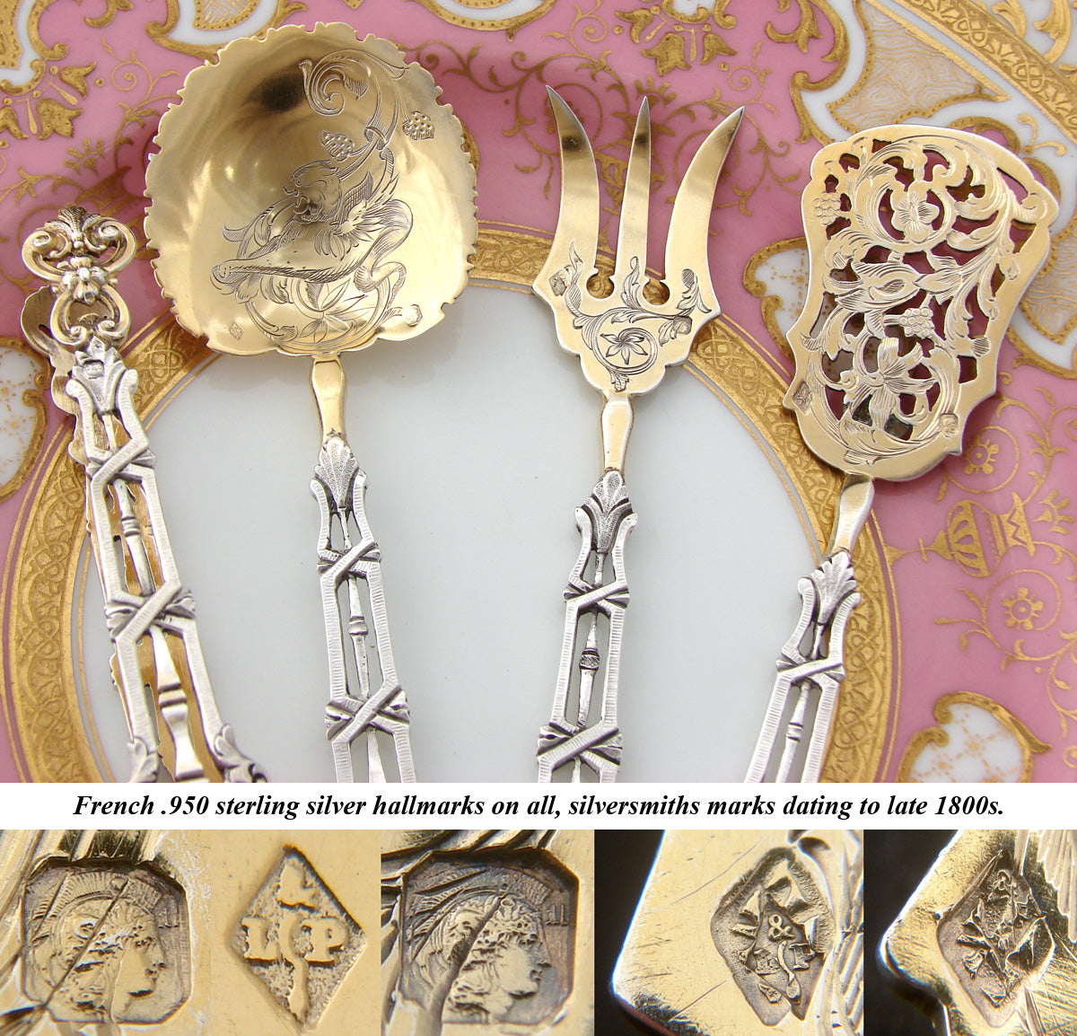 Antique French Sterling Silver & 18k Gold "Vermeil" 4pc Hors d'Oeuvre Serving Set, Reticulated