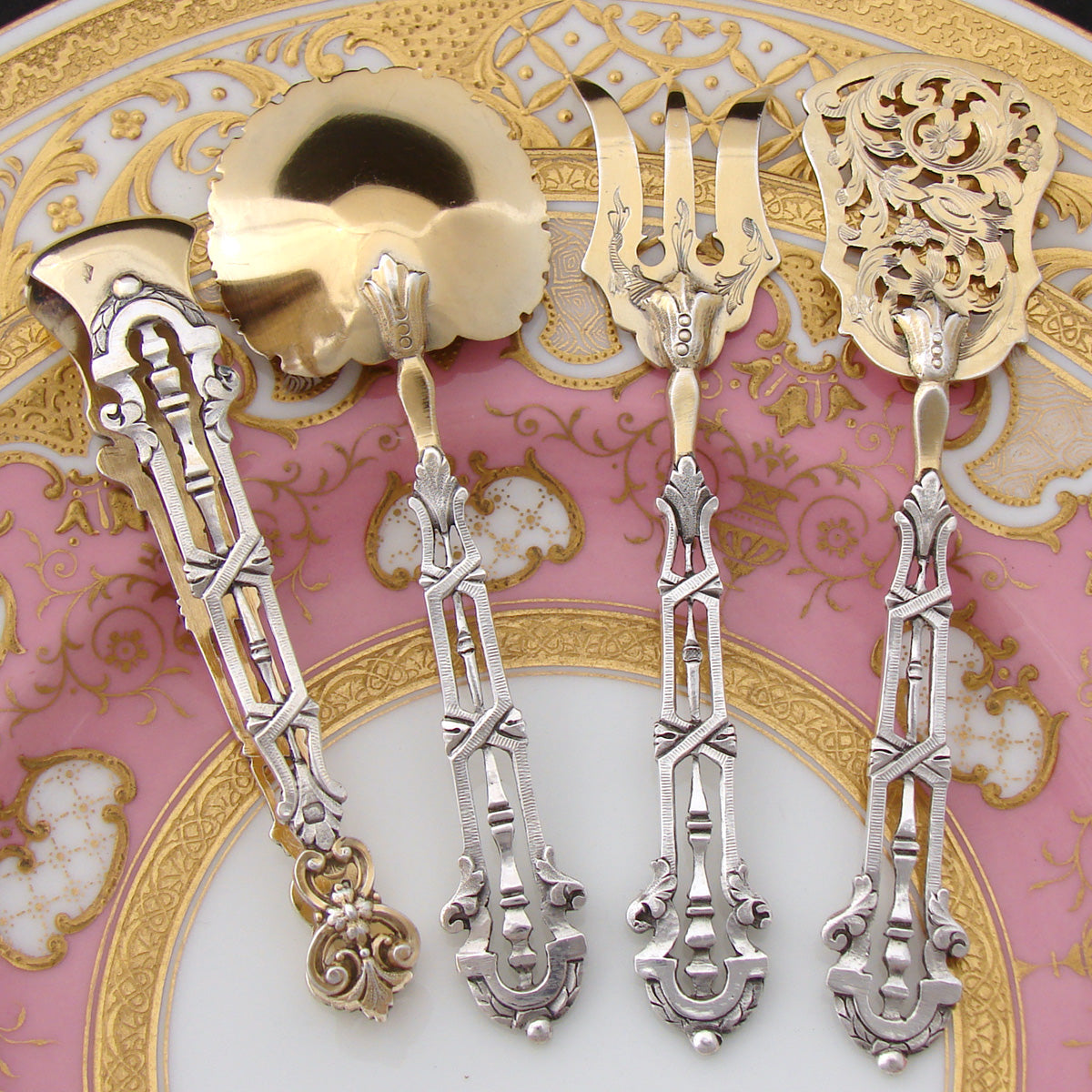 Antique French Sterling Silver & 18k Gold "Vermeil" 4pc Hors d'Oeuvre Serving Set, Reticulated