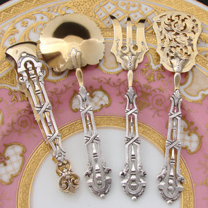 Antique French Sterling Silver & 18k Gold "Vermeil" 4pc Hors d'Oeuvre Serving Set, Reticulated