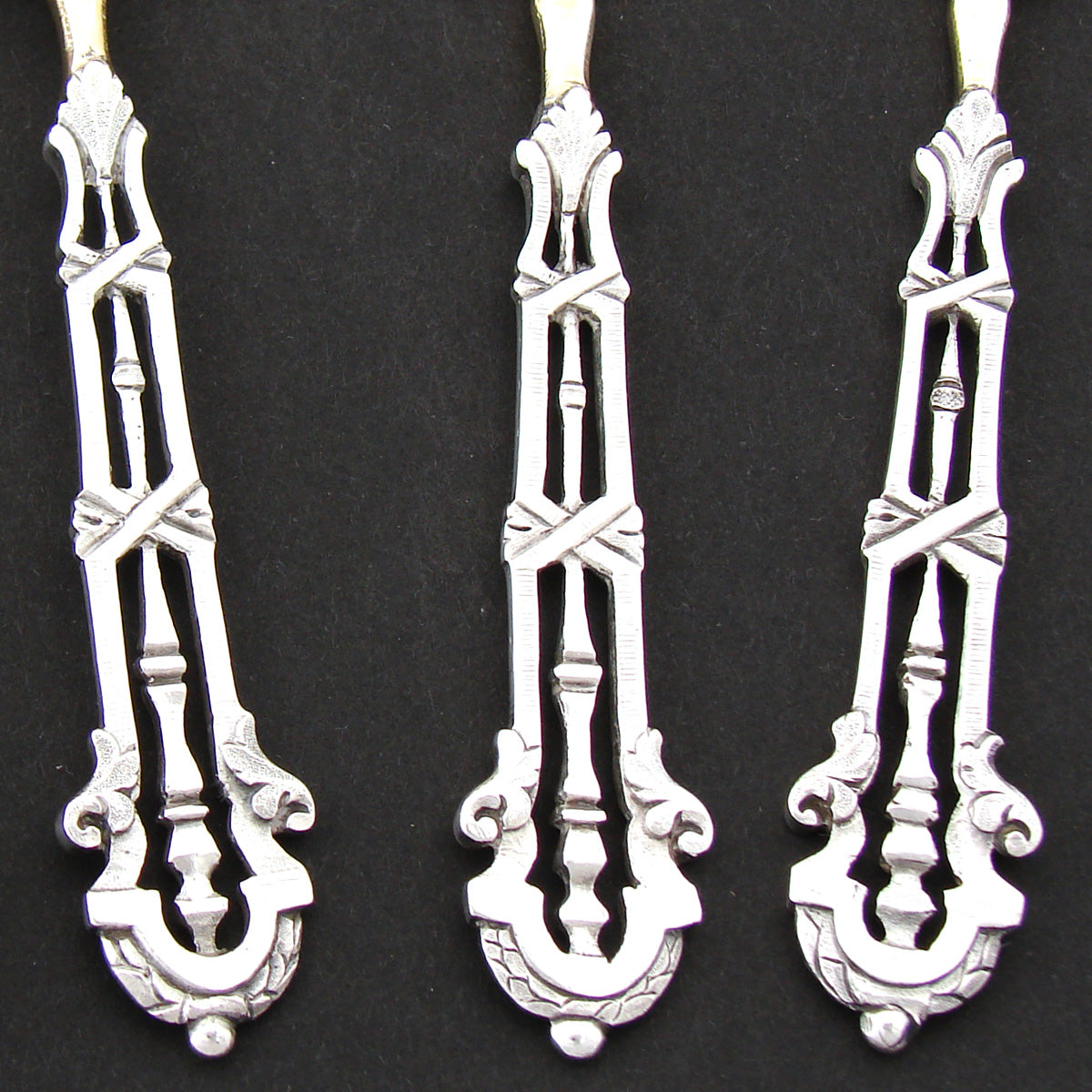 Antique French Sterling Silver & 18k Gold "Vermeil" 4pc Hors d'Oeuvre Serving Set, Reticulated