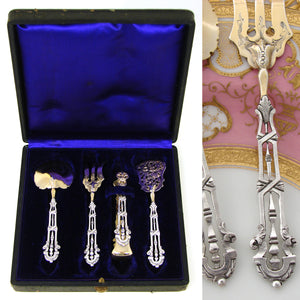 Antique French Sterling Silver & 18k Gold "Vermeil" 4pc Hors d'Oeuvre Serving Set, Reticulated