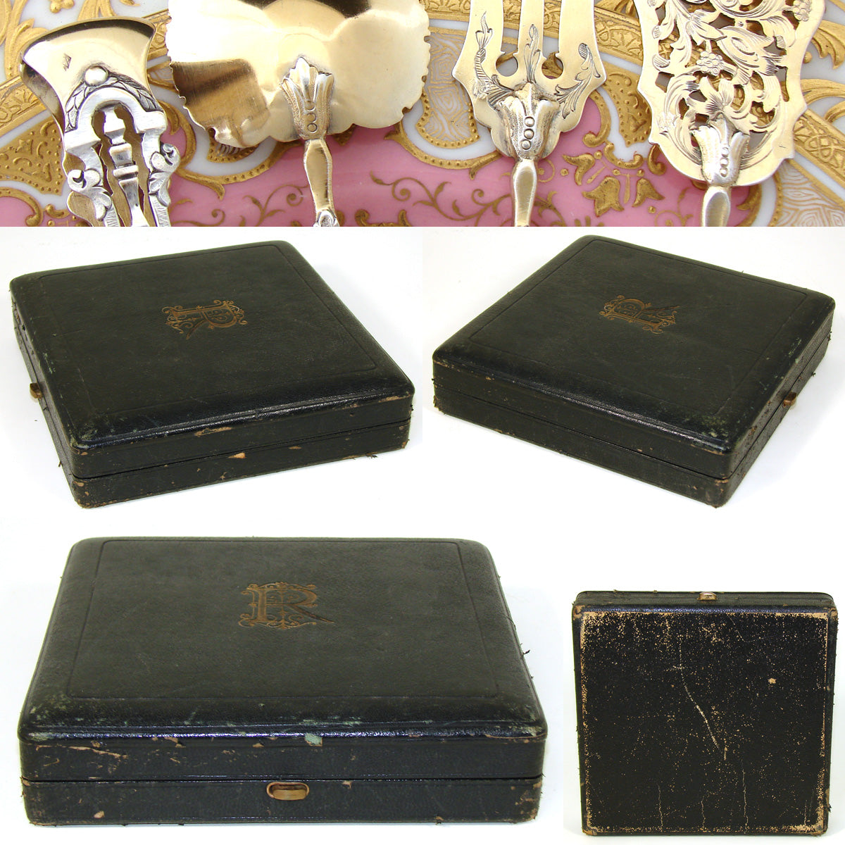 Antique French Sterling Silver & 18k Gold "Vermeil" 4pc Hors d'Oeuvre Serving Set, Reticulated