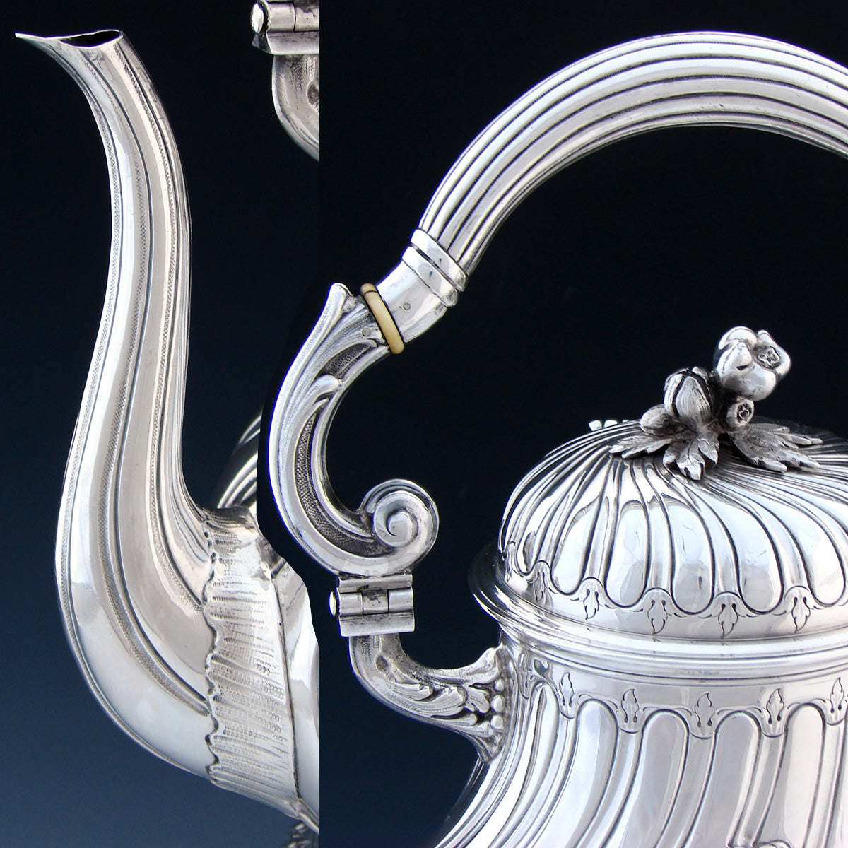 Rare Antique French Sterling Silver 15.5" Tea or Coffee Kettle, Samovar, Spiraled Body with Crown Top Heraldry