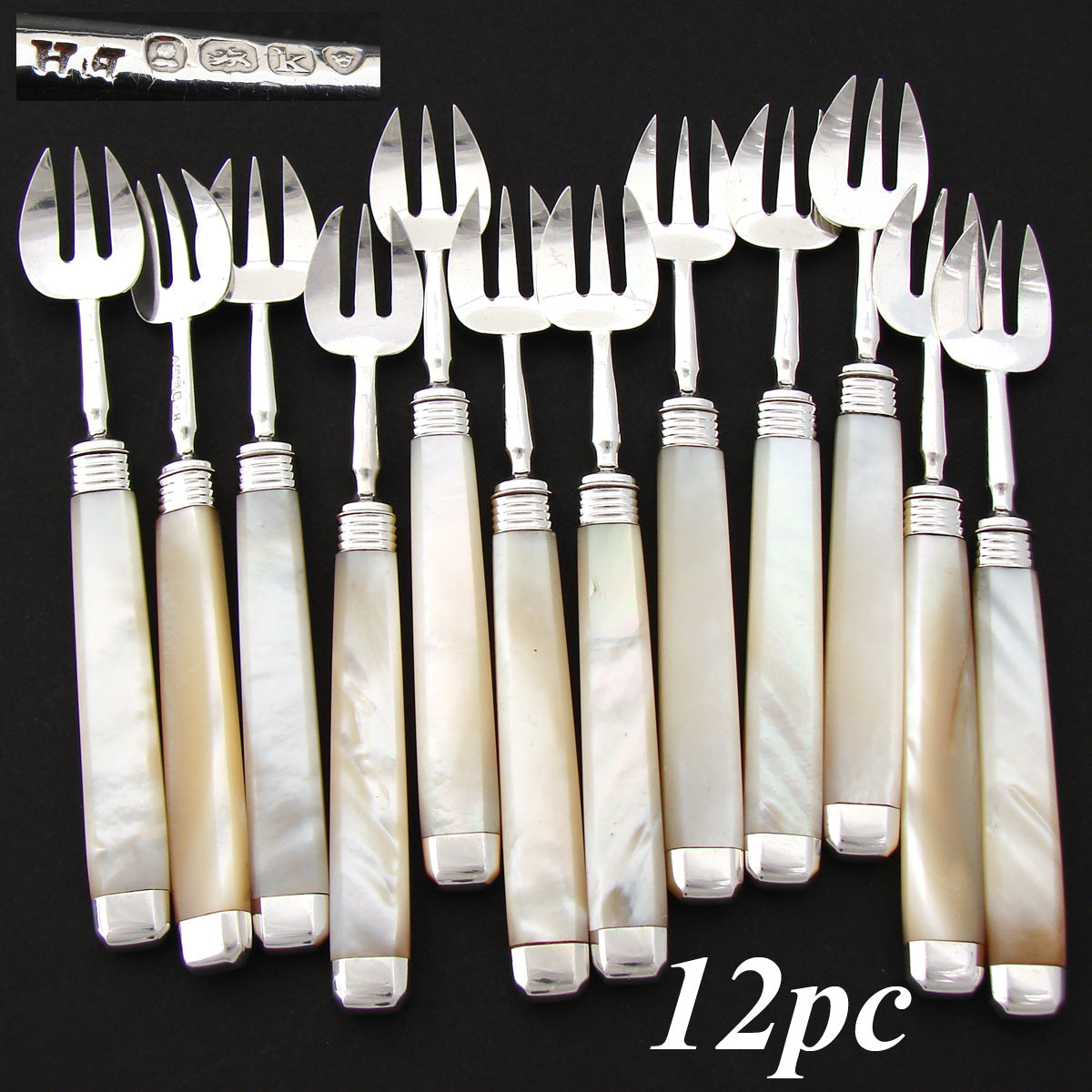 Elegant Antique English Sterling Silver & Solid Mother of Pearl 12pc Shellfish or Oyster Fork Set