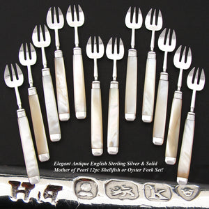 Elegant Antique English Sterling Silver & Solid Mother of Pearl 12pc Shellfish or Oyster Fork Set