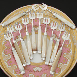 Elegant Antique English Sterling Silver & Solid Mother of Pearl 12pc Shellfish or Oyster Fork Set