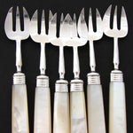 Elegant Antique English Sterling Silver & Solid Mother of Pearl 12pc Shellfish or Oyster Fork Set