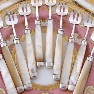 Elegant Antique English Sterling Silver & Solid Mother of Pearl 12pc Shellfish or Oyster Fork Set