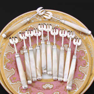 Elegant Antique English Sterling Silver & Solid Mother of Pearl 12pc Shellfish or Oyster Fork Set