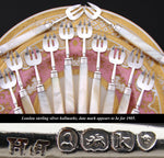 Elegant Antique English Sterling Silver & Solid Mother of Pearl 12pc Shellfish or Oyster Fork Set