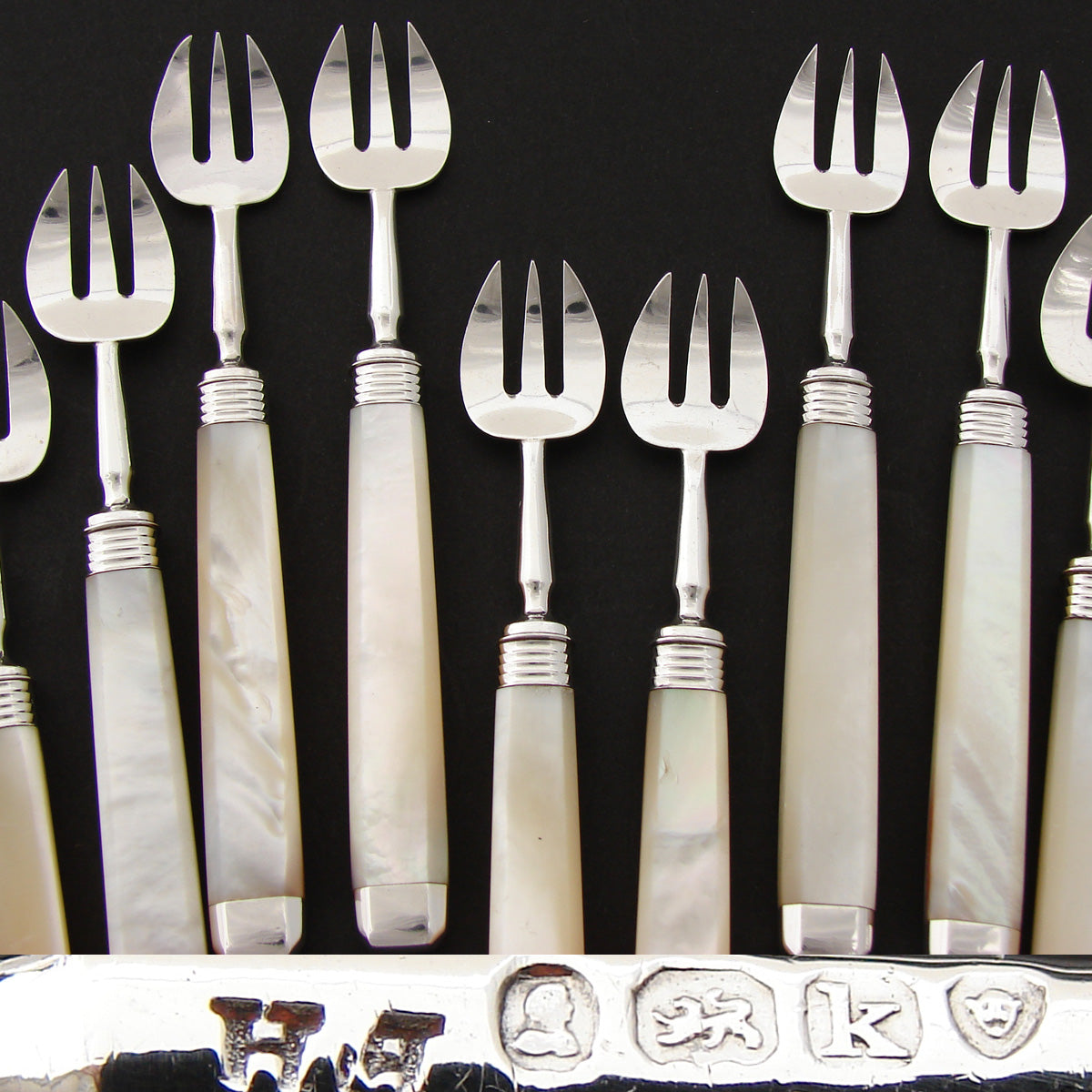 Elegant Antique English Sterling Silver & Solid Mother of Pearl 12pc Shellfish or Oyster Fork Set