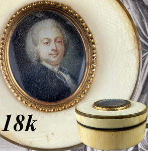 Antique French Portrait Miniature Snuff or Patch Box, 18th Century, Ivory and 18k Gold Mount
