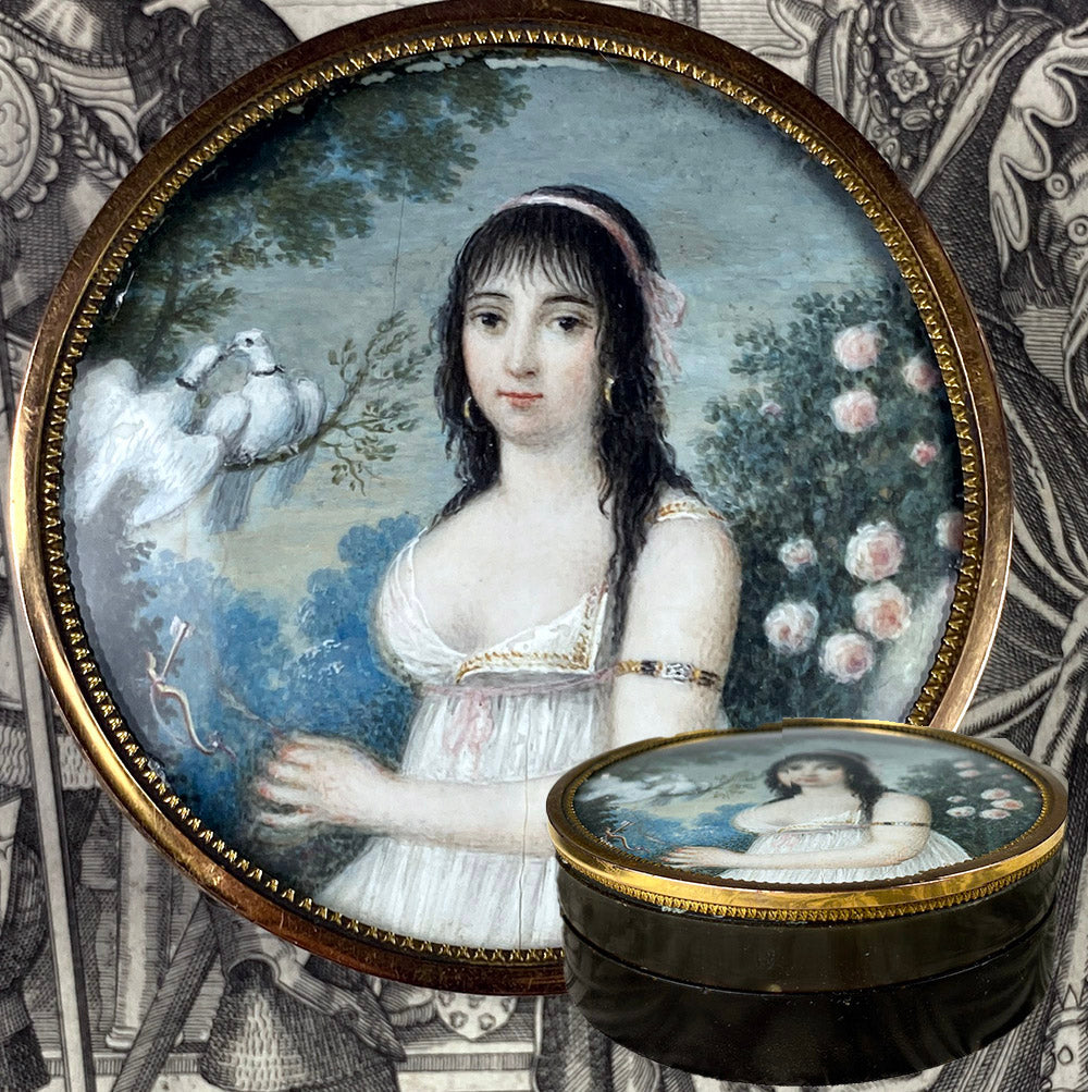 Rare Antique 18th Century Portrait Miniature 18k & Tortoise Shell Snuff Box, Incroyables et Merveilleux c.1795